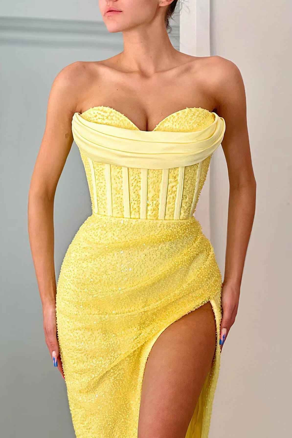 Daffodil Strapless Sweetheart Sleeveless Mermaid Prom Dress Split With Sequins