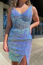 Sparkly Silver Corset Sequined Tight Short Homecoming Dress With Appliques Bmbride