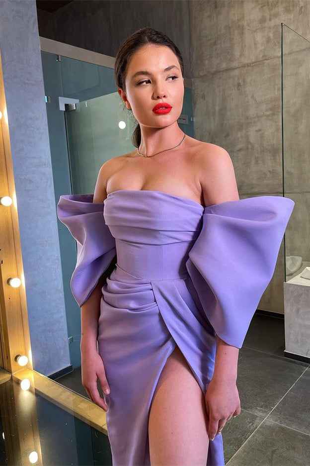 Charming Lilac Off the Shoulder Strapless Pleated Long Prom Dress With Split