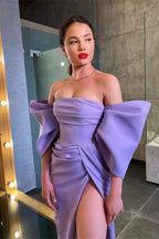 Charming Lilac Off the Shoulder Strapless Pleated Long Prom Dress With Split