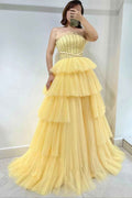 Daffodil Strapless Sleeveless Tulle Long Prom Dress With layered