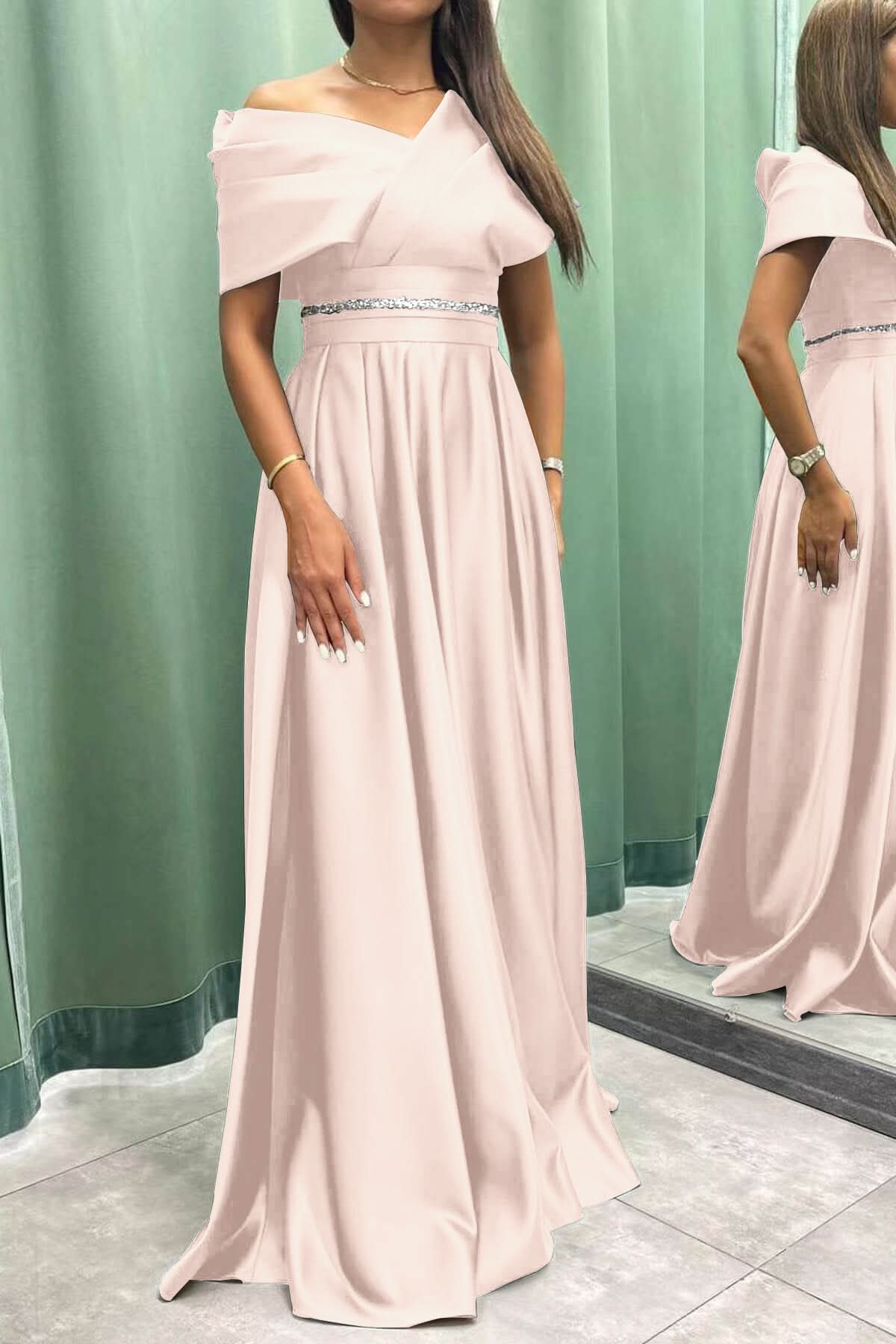 Elegant Off-the-Shoulder Long Pleated Evening Dress On Sale BM bride