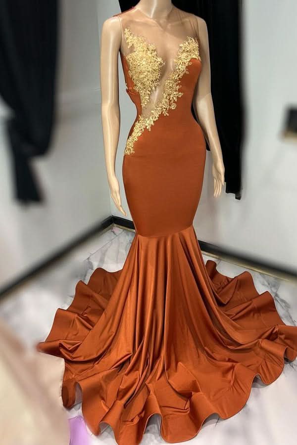 Sleeveless Tulle Mermaid Brown Long Prom Dress with Appliques BM bride