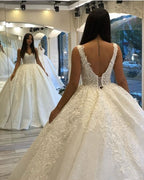 Sweetheart Spaghetti Strap Backless Ball Gown Wedding Dress with Lace Appliques and Sequins BM bride