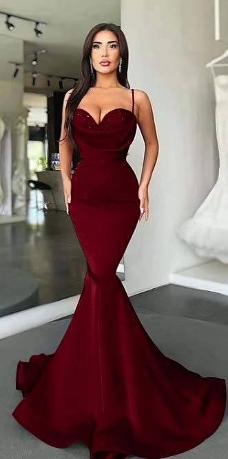 Mermaid Red Spaghetti Strap Sleeveless Sweetheart Prom Dress With Sequins BMBRIDE