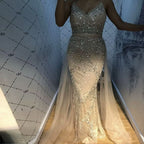 Champagne Sequined Mesh Prom Dress with Sleeveless A-Line Backless Style BM bride