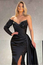 Long Sleeve Black Sweetheart Pleated Mermaid Prom Dress Split With Sequins