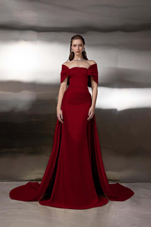 Off the Shoulder Sleeveless Long Mermaid Prom Dress With Pleated BMBRIDE