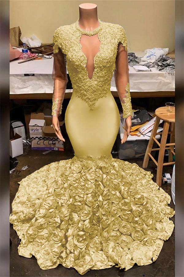 Elegant Mermaid V Neck Prom Dress Appliques Long Sleeves With Flowers Bottom BMBRIDE