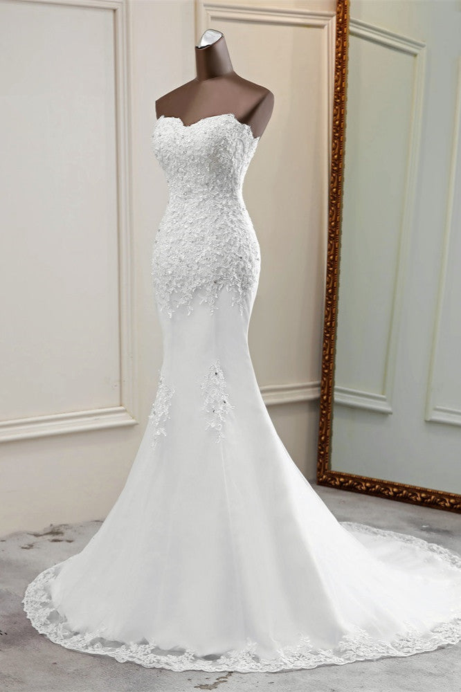 Strapless Lace Applique Long Mermaid Wedding Dress with Beading BM bride