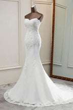 Strapless Lace Applique Long Mermaid Wedding Dress with Beading BM bride