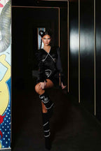 Sexy Black Satin Prom Dress Short Long Sleeves With Sequins