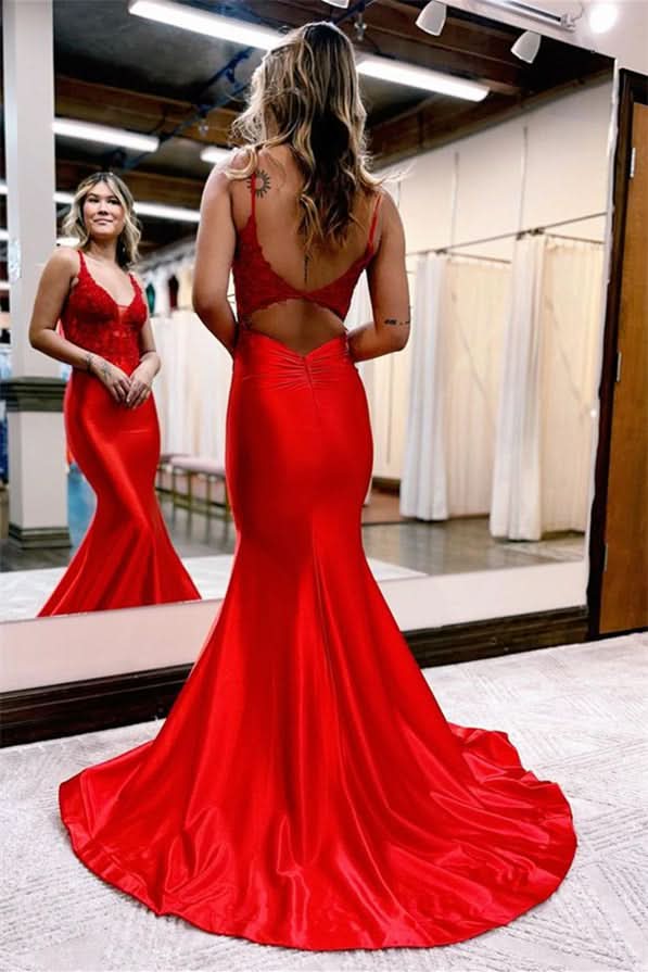 Royal Blue Appliques V Neck Long Mermaid Evening Dress BM bride