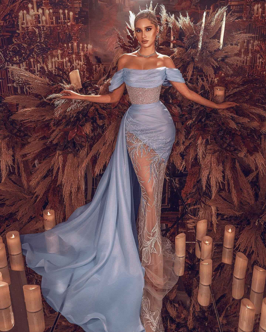 Elegant Baby Blue Off the Shoulder Sequins Mermaid Lace Prom Dress