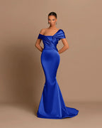 Grey Off-The-Shoulder Bateau Pleated Ball Gown Evening Dress BM bride