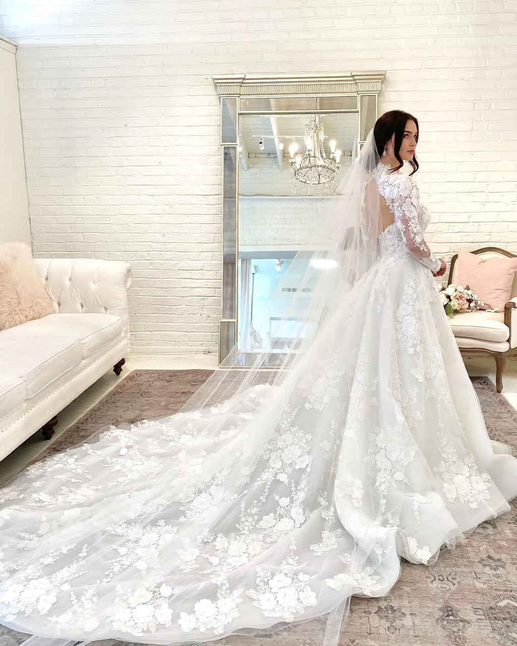 Long A-Line High Neck Open Back Wedding Dress with Lace Sleeves BM bride
