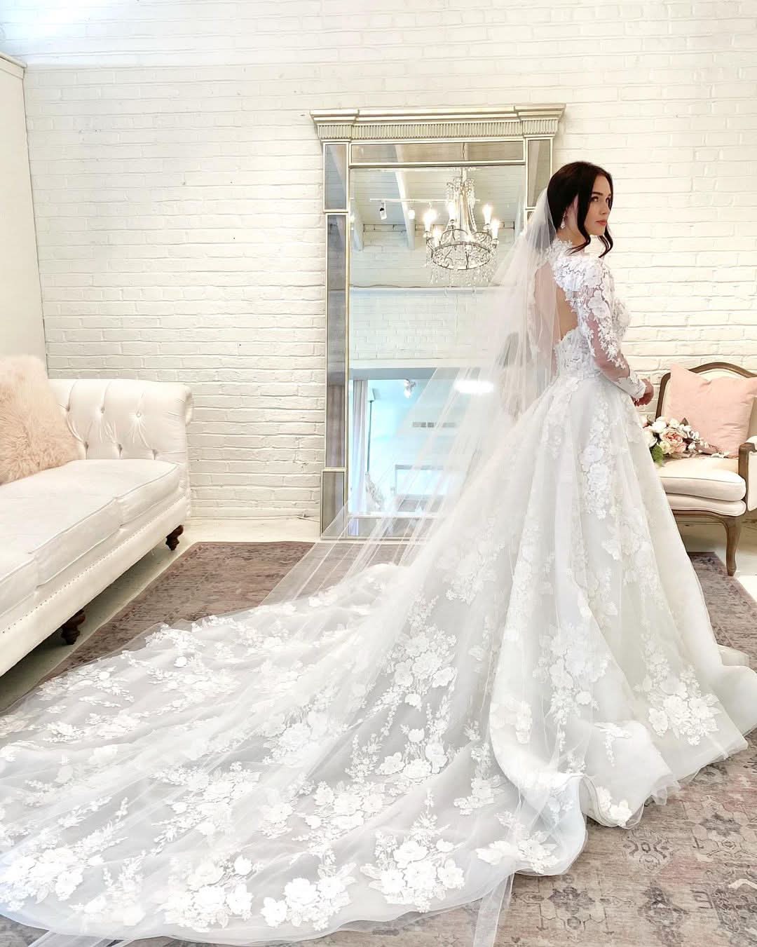 Long A-Line High Neck Open Back Wedding Dress with Lace Sleeves BM bride