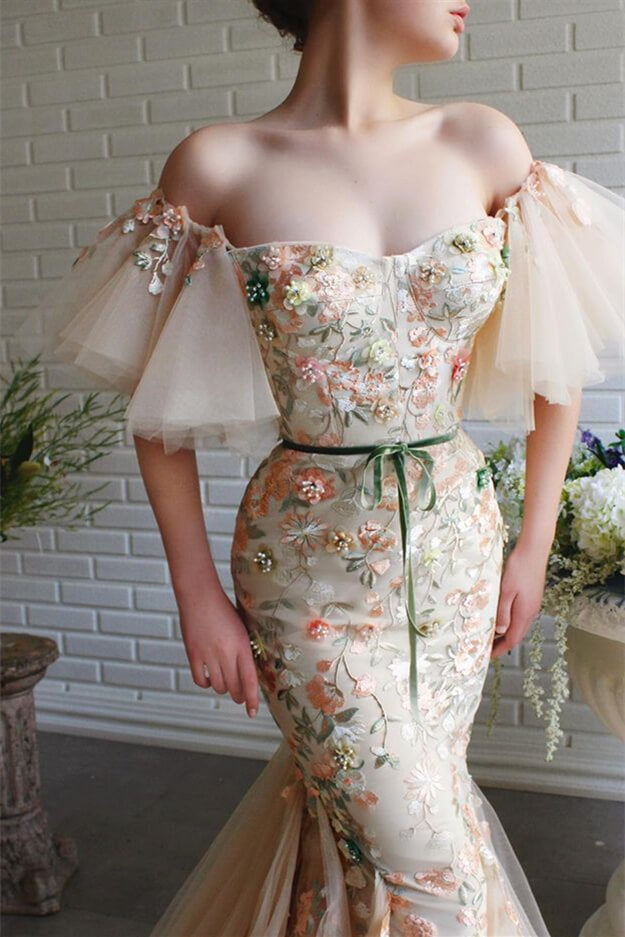 Off-The-Shoulder Mermaid Strapless Flowers Evening Dress Beadings with Appliques BM bride