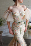 Off-The-Shoulder Mermaid Strapless Flowers Evening Dress Beadings with Appliques BM bride