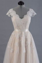 Short Sleeve Lace Long Wedding Dress BM bride
