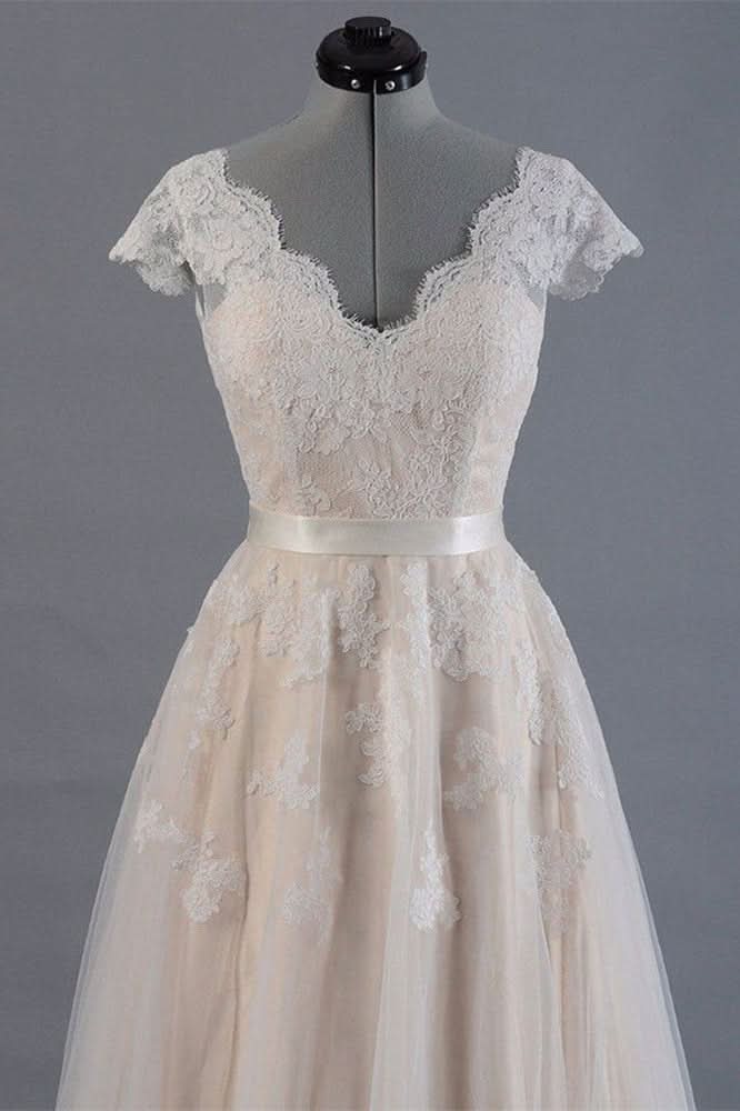 Short Sleeve Lace Long Wedding Dress BM bride