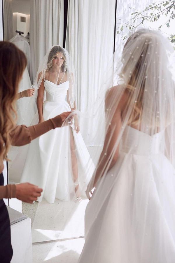 Sweetheart Satin A-Line Floor-Length Wedding Dress with Slit and Ruffles BM bride