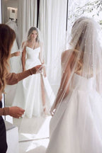 Sweetheart Satin A-Line Floor-Length Wedding Dress with Slit and Ruffles BM bride