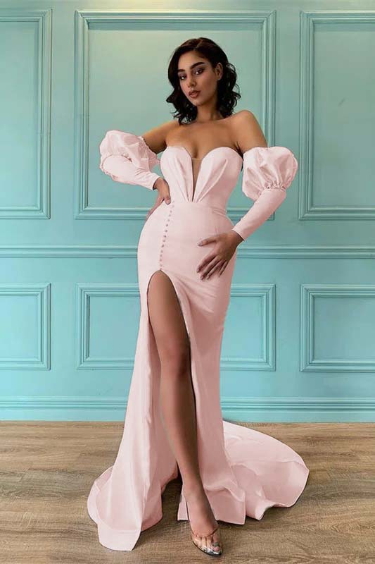 Ivory Bubble Sleeves Sweetheart Long Mermaid Prom Dress With Front Split