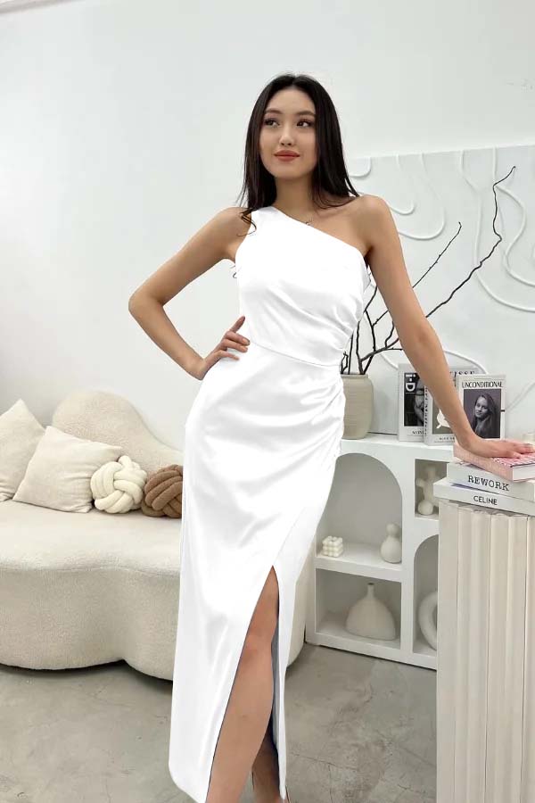 Chic Sleeveless One Shoulder Long Prom Dress With Pleated Split BMBRIDE