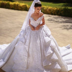 Off The Shoulder Ball Gown Wedding Dress With Pleated Tulle Ruffles BM bride