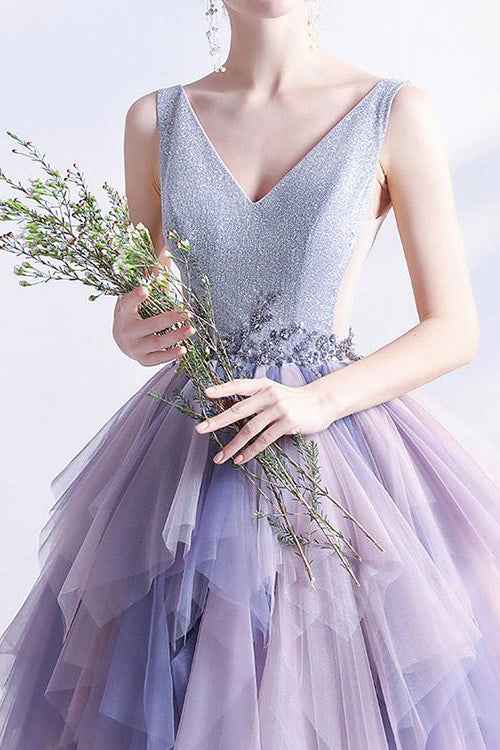 Sleeveless Long Prom Dress V Neck Tulle Layered With Beading Online