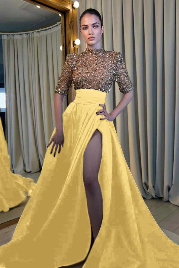 Black And Champagne Long Prom Dress Half Sleeves With High Slit