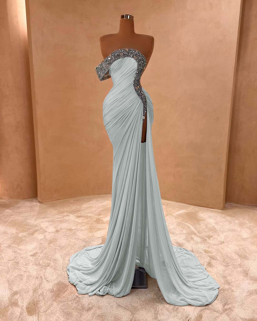 One Shoulder Sleeveless Long Split Prom Dress With Pleated Sequins BMBRIDE