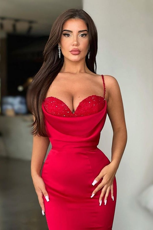 Mermaid Red Spaghetti Strap Sleeveless Sweetheart Prom Dress With Sequins BMBRIDE