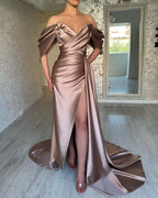 Dusty Pink Off-the-Shoulder V-Neck Prom Dress with Pleats and Split BM bride