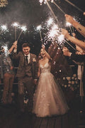 Long Sleeveless Tulle Lace Spaghetti Strap A-Line Wedding Dress with V-Neck BM bride