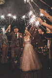 Long Sleeveless Tulle Lace Spaghetti Strap A-Line Wedding Dress with V-Neck BM bride