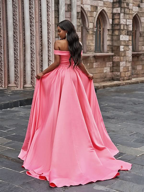 Pink Off-the-Shoulder Long Prom Dress with Split BM bride