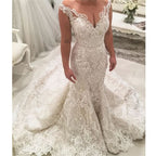 Portrait Sleeveless V-Neck Long Mermaid Wedding Dress with Lace Appliques BM bride
