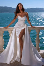 Sexy Long Mermaid Spaghetti Strap Satin Wedding Dress with Sweetheart Neckline and Slit BM bride