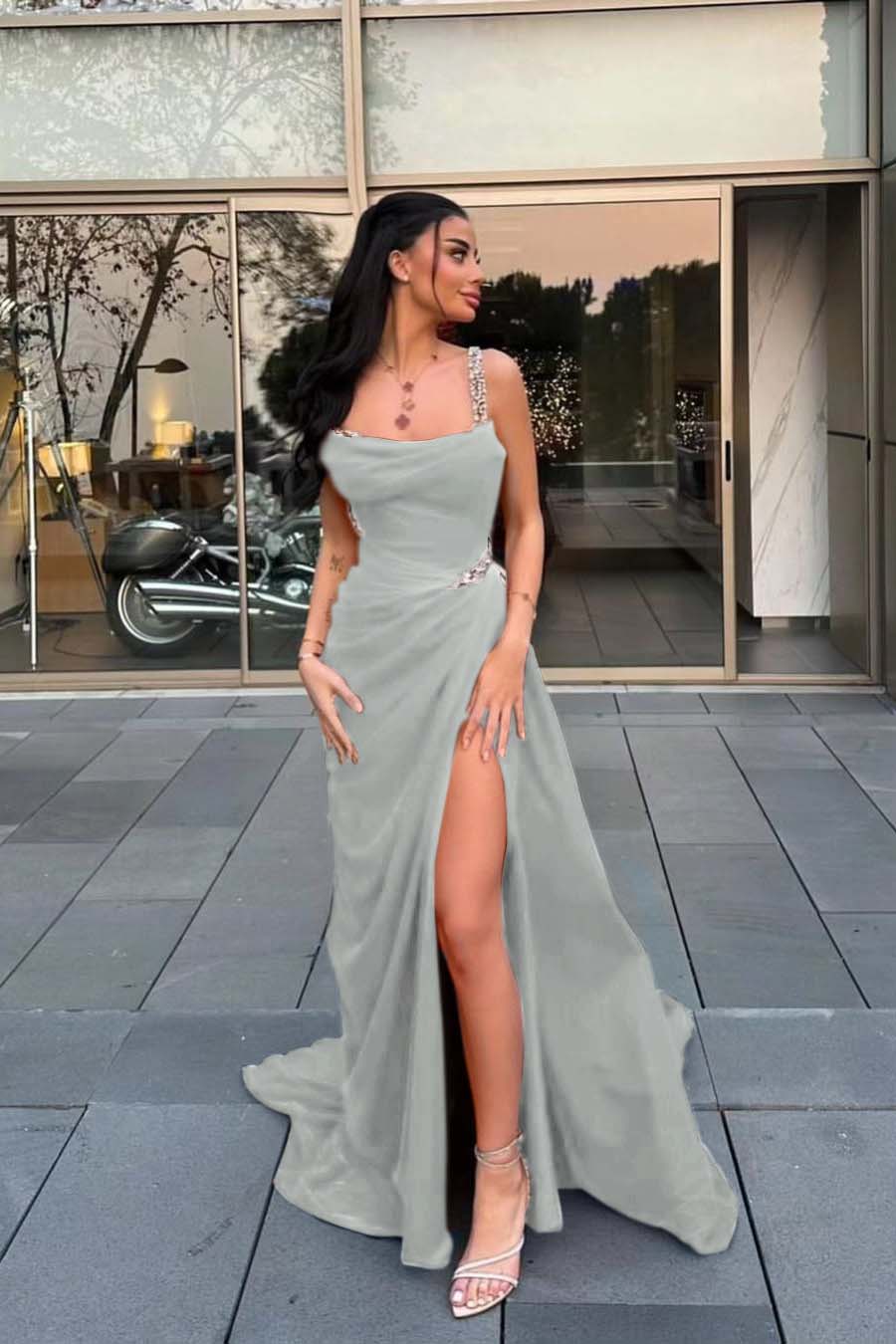 Spaghetti Strap Sleeveless Long Prom Dress With Split Beading BMBRIDE