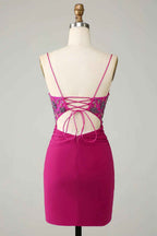 Sparkly Purple Beaded Spaghetti Straps Corset Tight Short Homecoming Dress