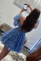 Blue Printed Detachable Sleeves Ruffled Short Homecoming Dress Bmbride