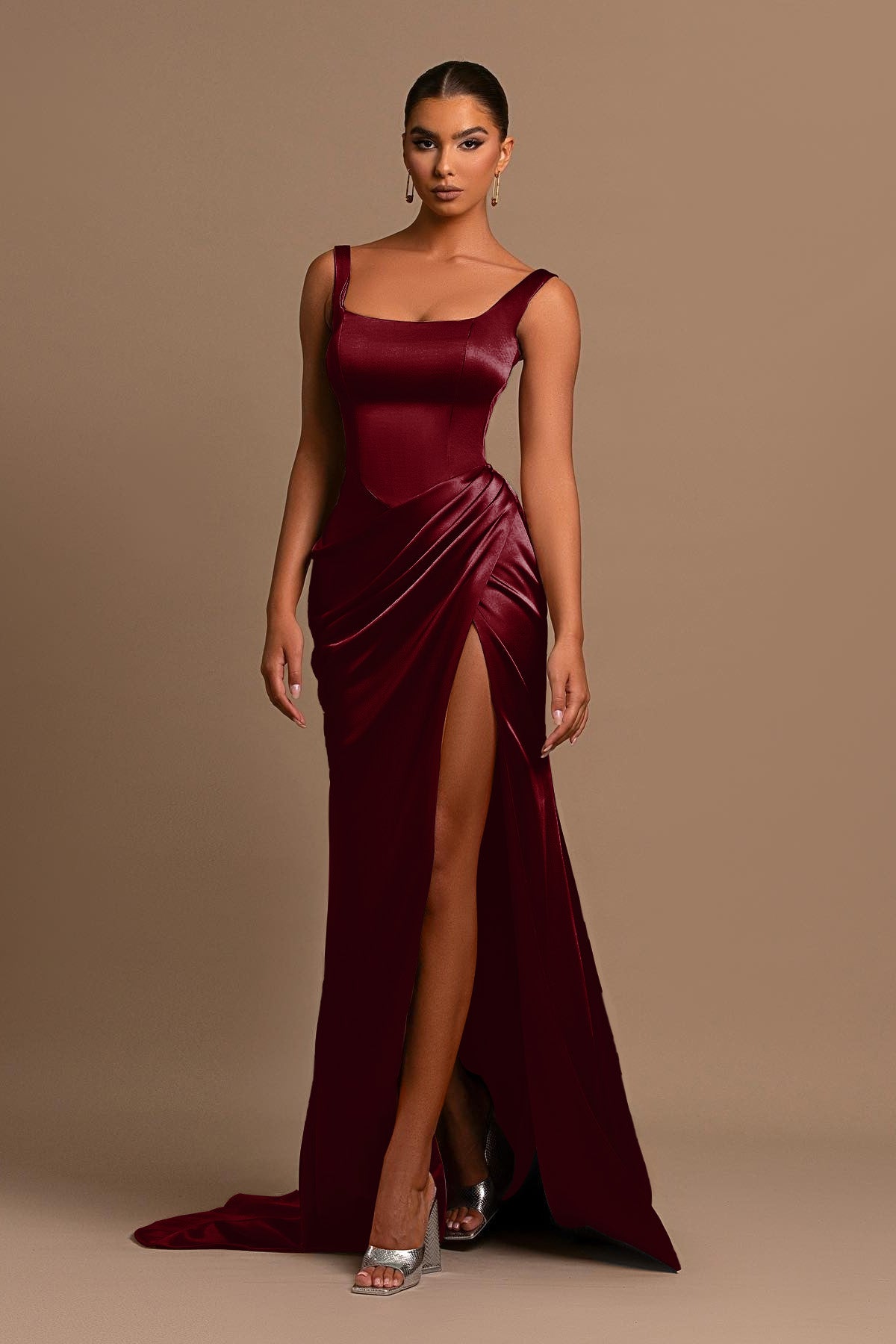 Dusty Rose Spaghetti Strap Square Neck Sleeveless Mermaid Prom Dress With Split BMBRIDE