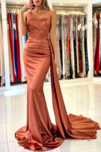 Burnt Orange One-Shoulder Sleeveless Mermaid Prom Dress with Ruffles BM bride