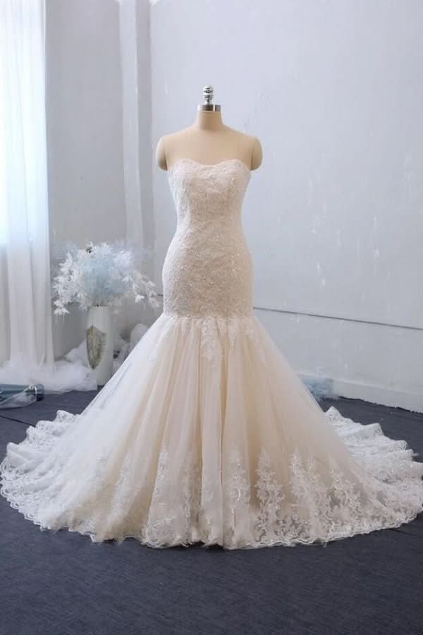 Classy Sweetheart Backless Tulle Long Mermaid Wedding Dress with Lace Appliques BM bride
