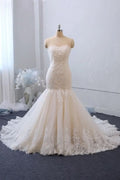 Classy Sweetheart Backless Tulle Long Mermaid Wedding Dress with Lace Appliques BM bride