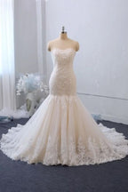 Classy Sweetheart Backless Tulle Long Mermaid Wedding Dress with Lace Appliques BM bride