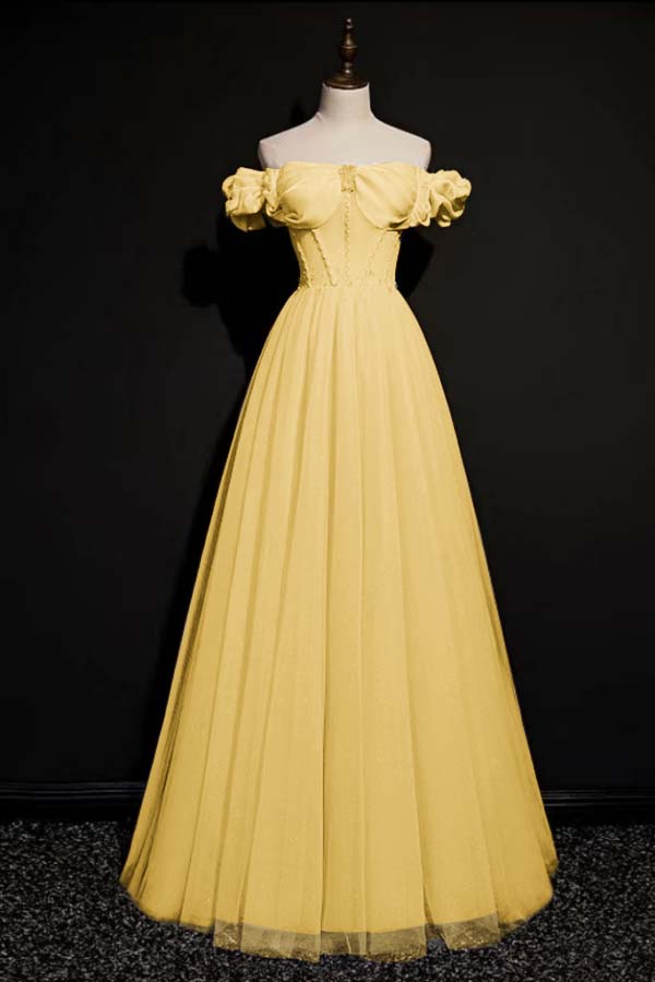Off the Shoulder Strapless Sleeveless Long Prom Dress With Tulle BMBRIDE
