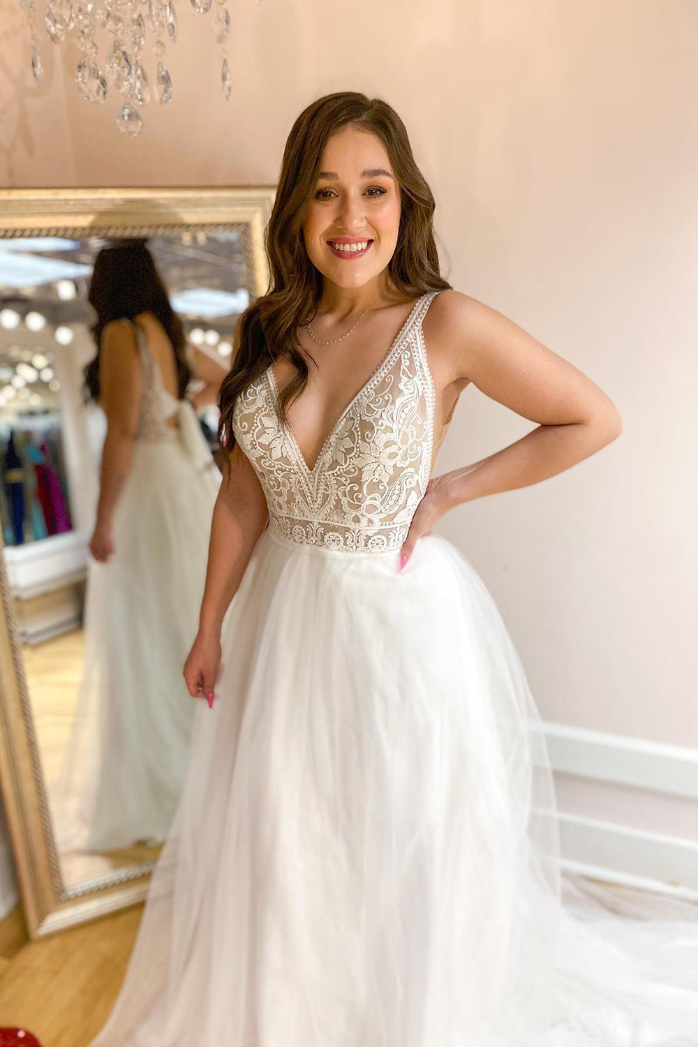 Deep V-neck Spaghetti Straps A-Line Wedding Dress With Open Back Tulle Train BM bride